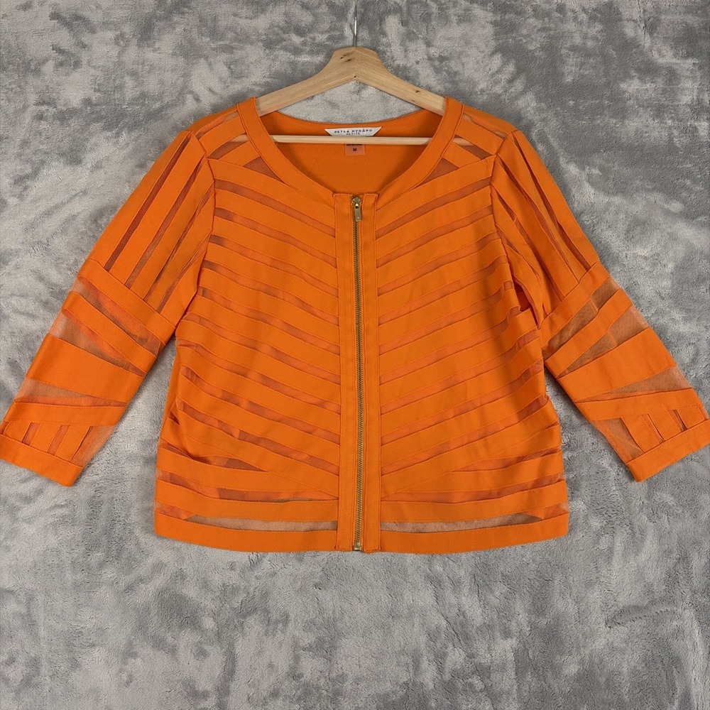 Peter Nygard Woman Orange Zip Front See Through Stripes Jacket Top Size Medium